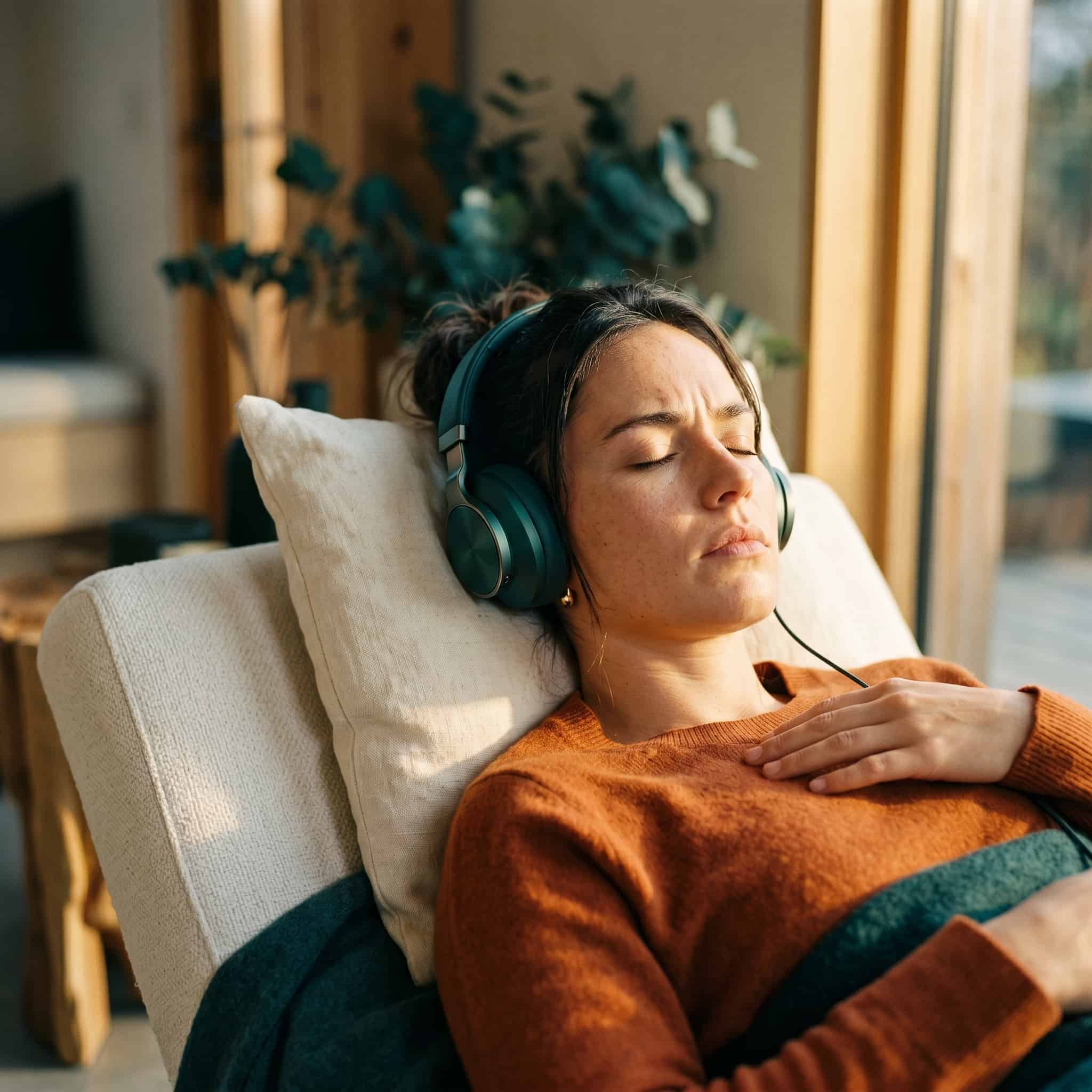 A person lying back with eyes closed during a guided visualization session