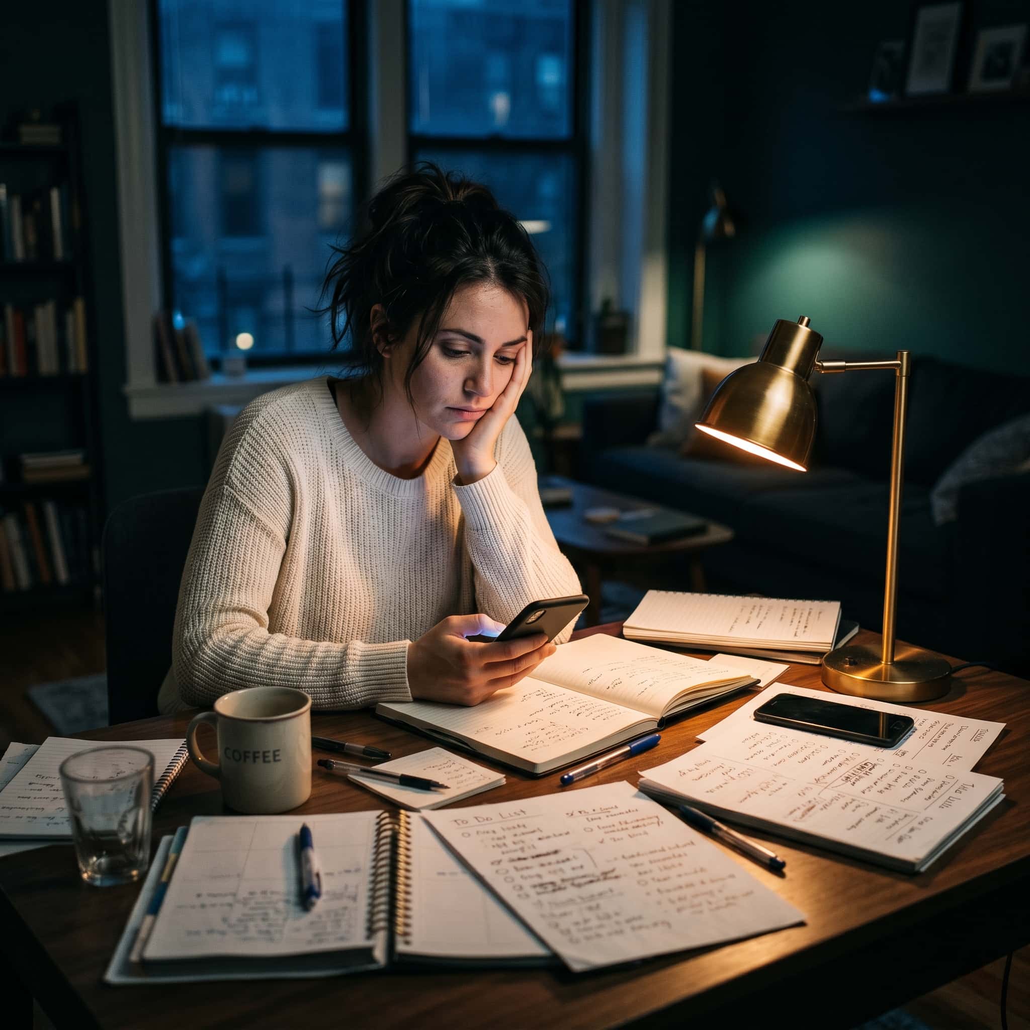 A person sitting at a desk looking worried and overwhelmed